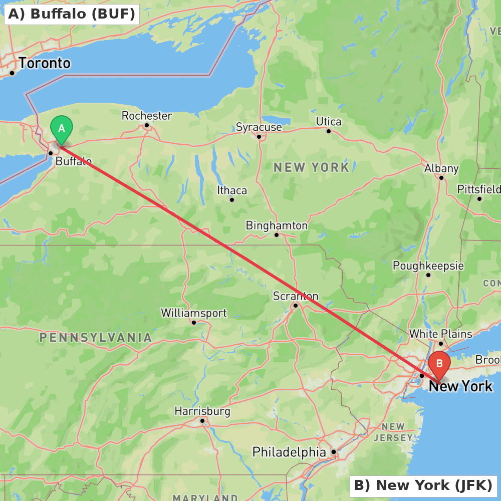 Flight route map from Buffalo to New York