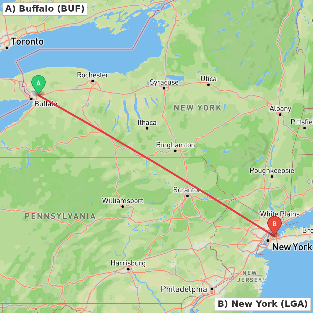 Flight route map from Buffalo to New York