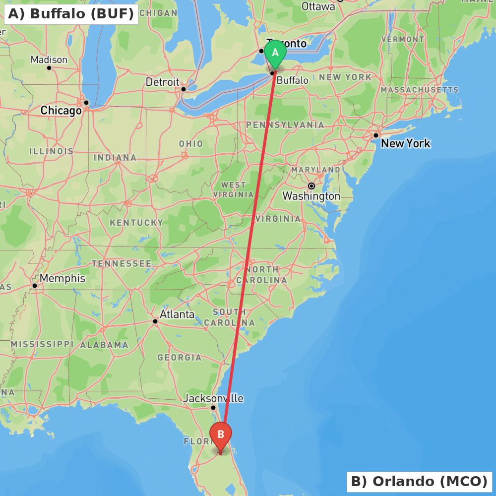 Flight route map from Buffalo to Orlando