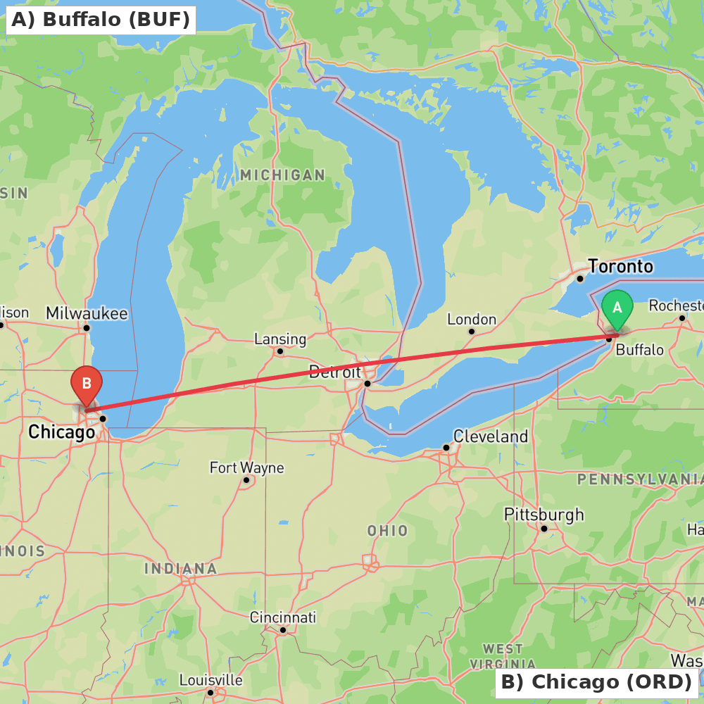 Flight route map from Buffalo to Chicago
