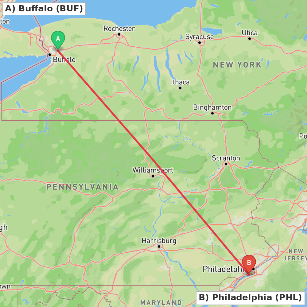 Flight route map from Buffalo to Philadelphia