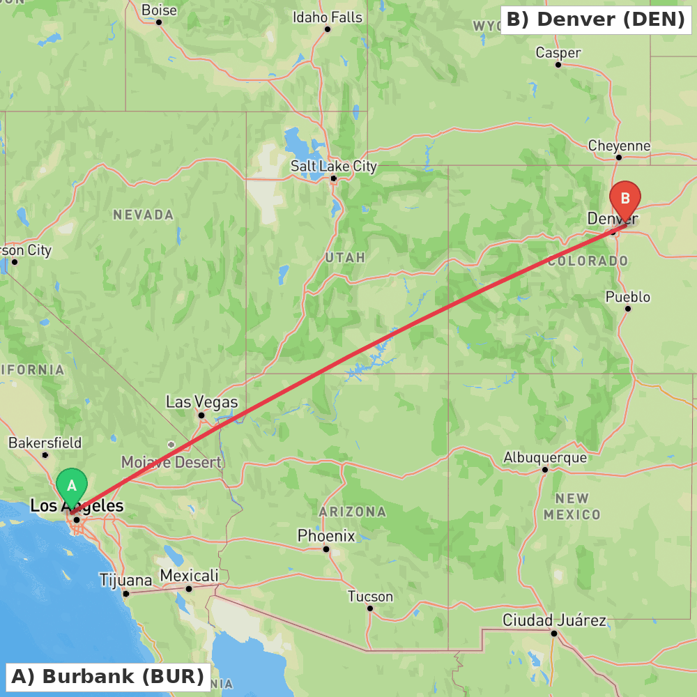 Flight route map from Burbank to Denver