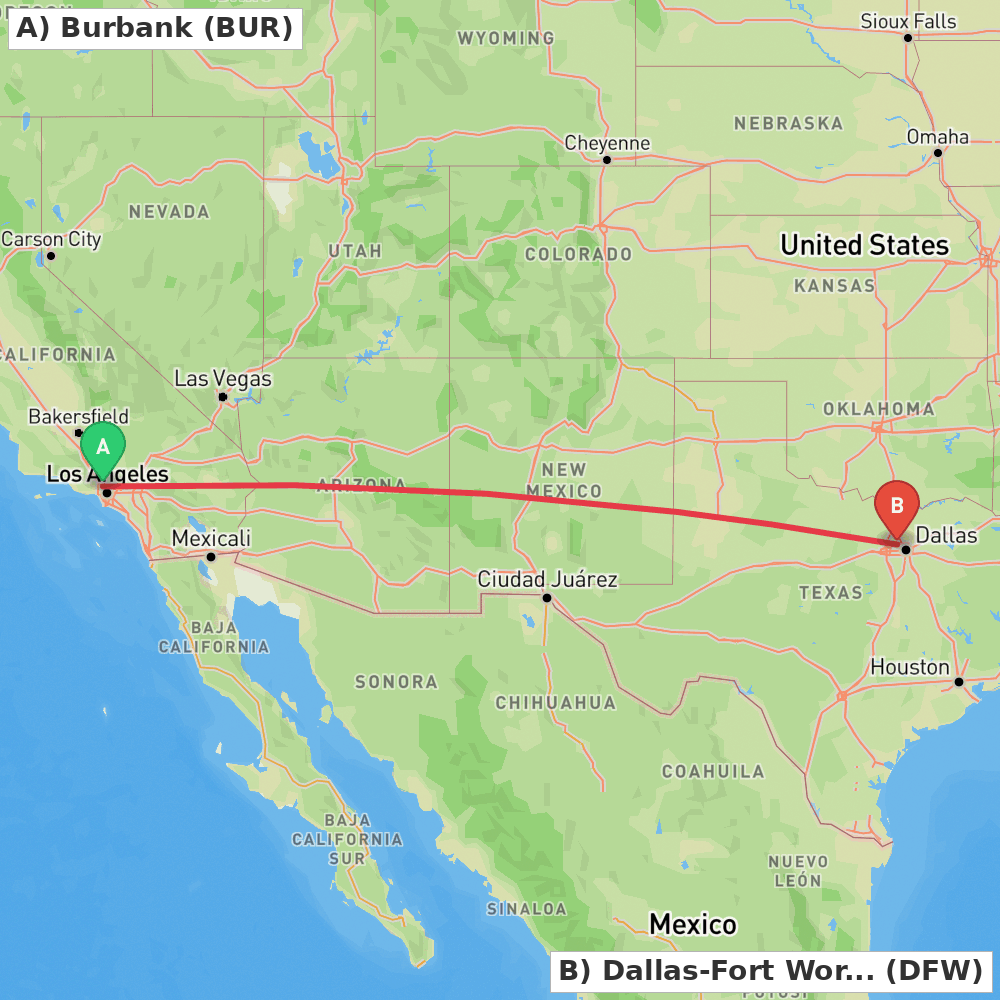 Flight route map from Burbank to Dallas-Fort Worth