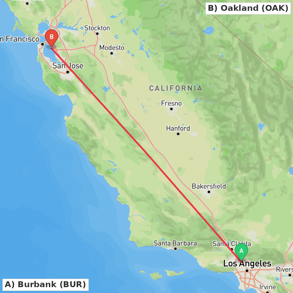 Flight route map from Burbank to Oakland
