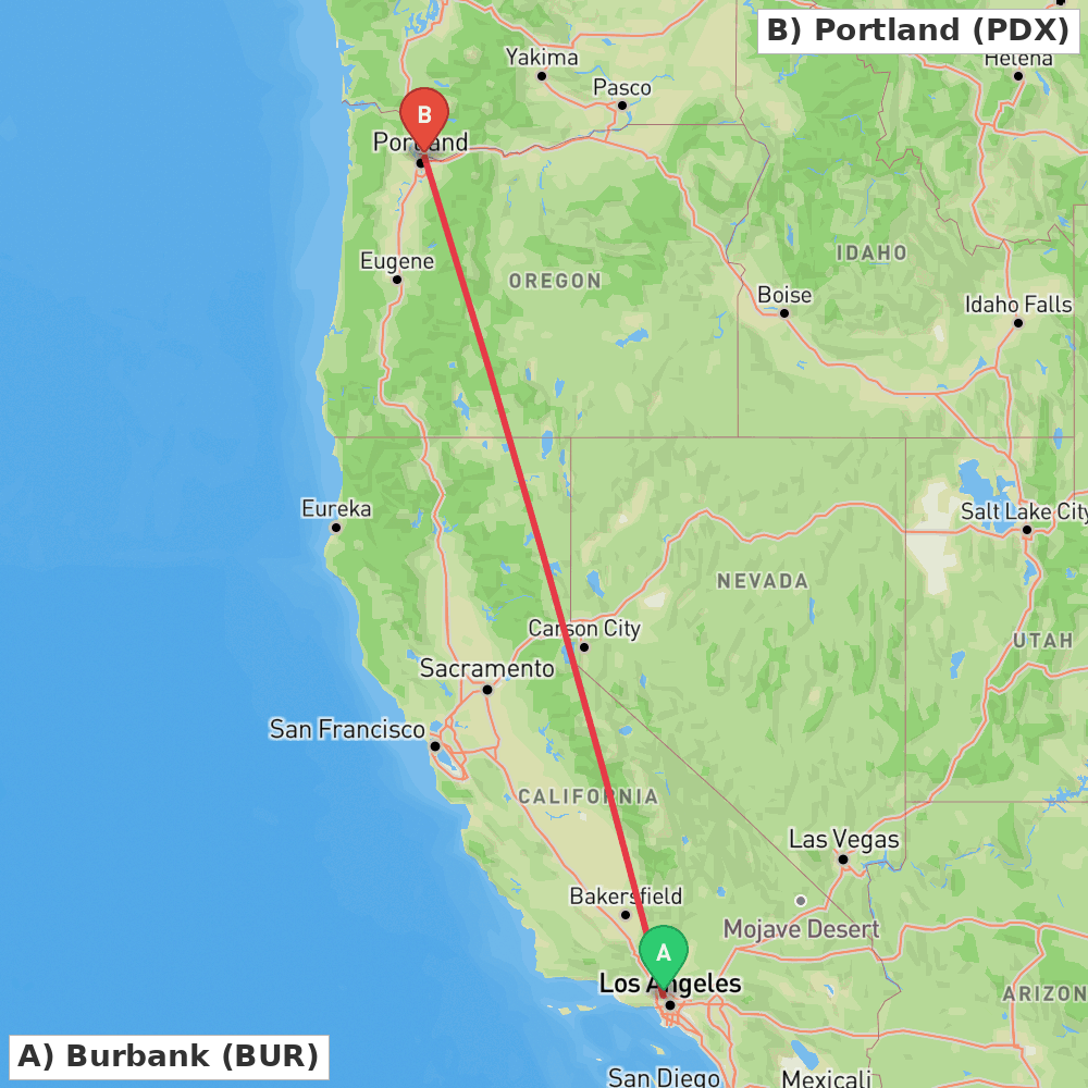 Flight route map from Burbank to Portland