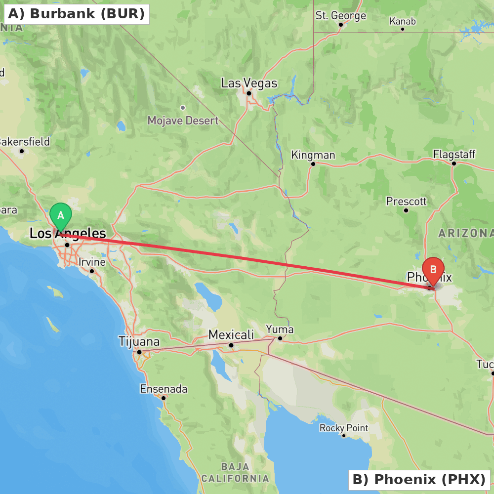 Flight route map from Burbank to Phoenix