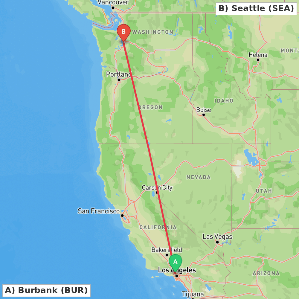 Flight route map from Burbank to Seattle