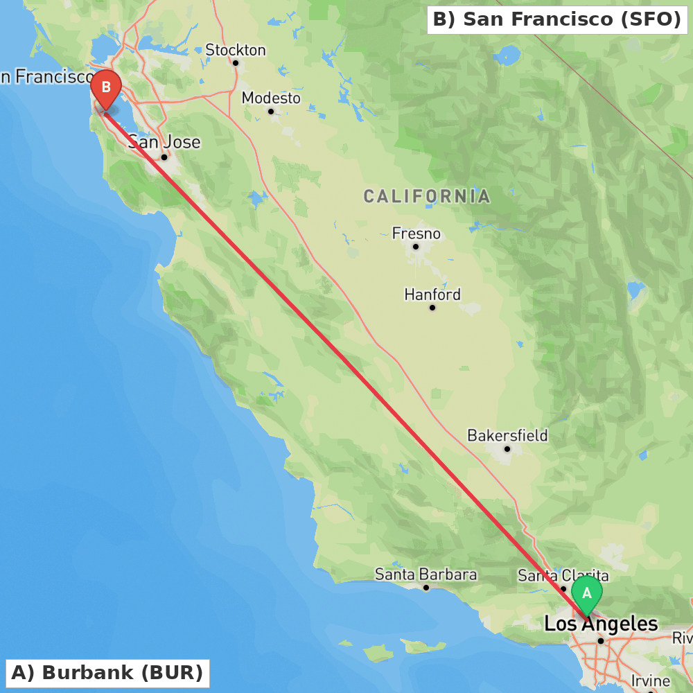 Flight route map from Burbank to San Francisco