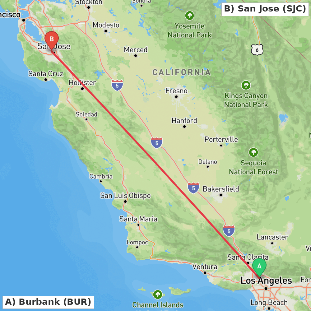 Flight route map from Burbank to San Jose