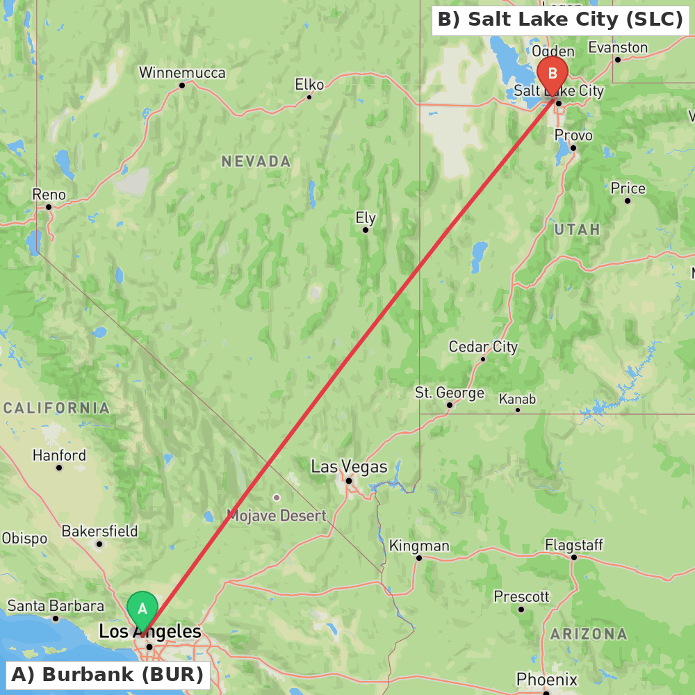 Flight route map from Burbank to Salt Lake City