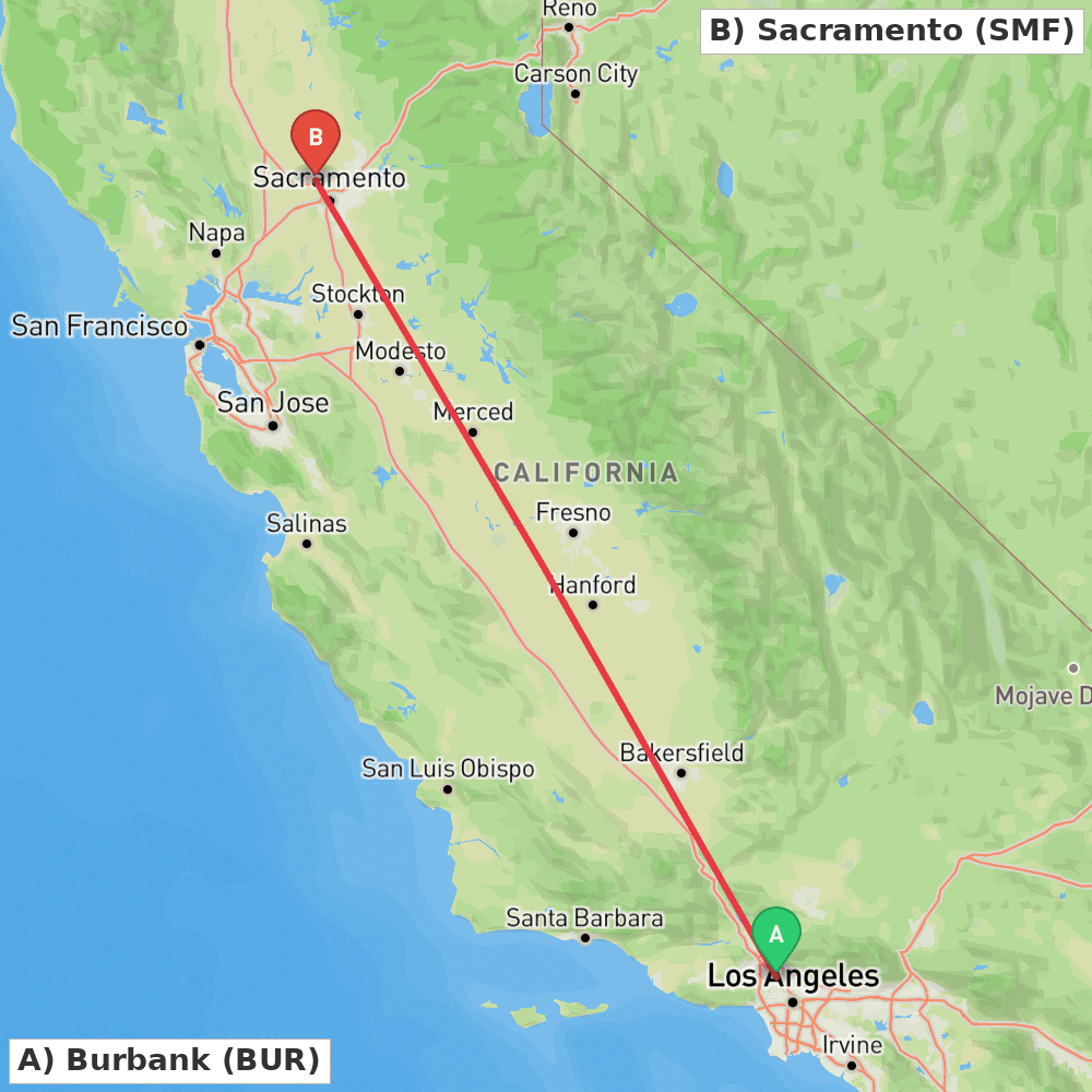 Flight route map from Burbank to Sacramento