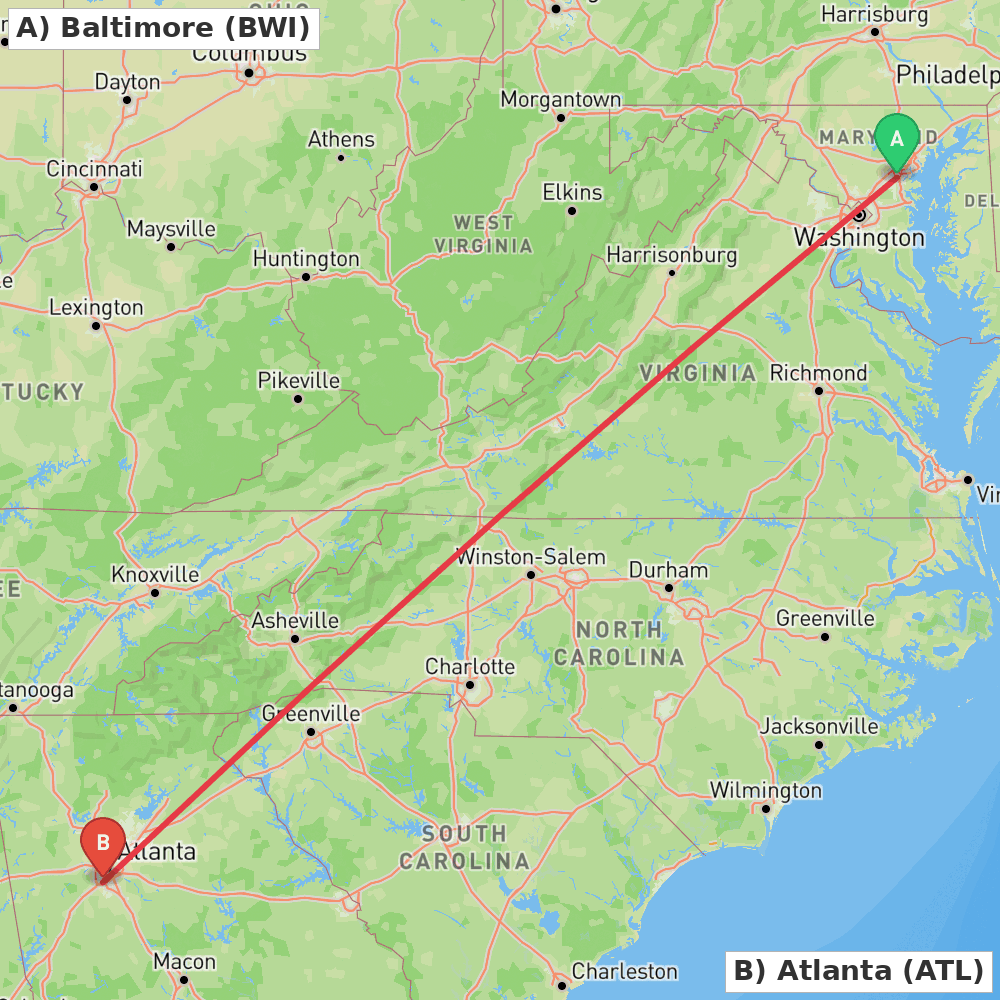 Flight route map from Baltimore to Atlanta