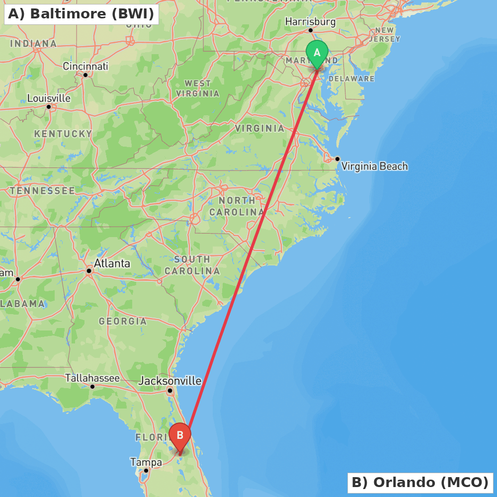 Flight route map from Baltimore to Orlando