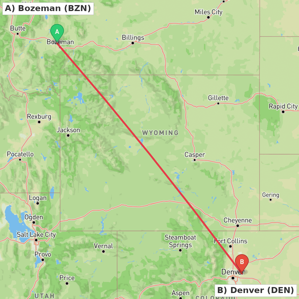 Flight route map from Bozeman to Denver