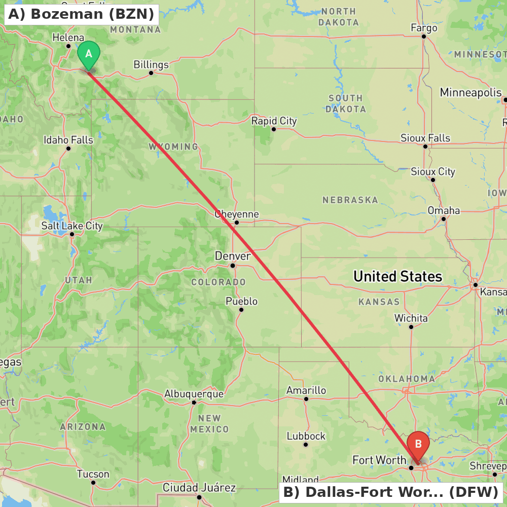 Flight route map from Bozeman to Dallas-Fort Worth