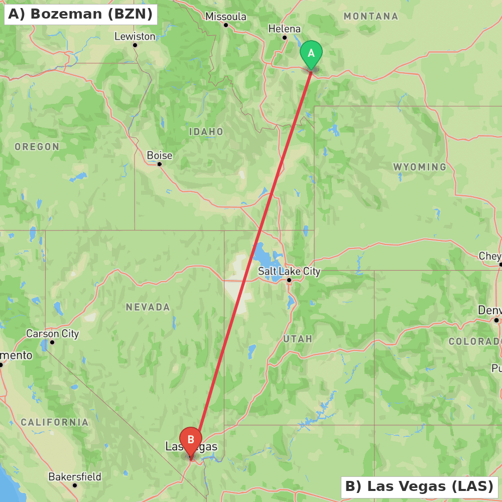 Flight route map from Bozeman to Las Vegas