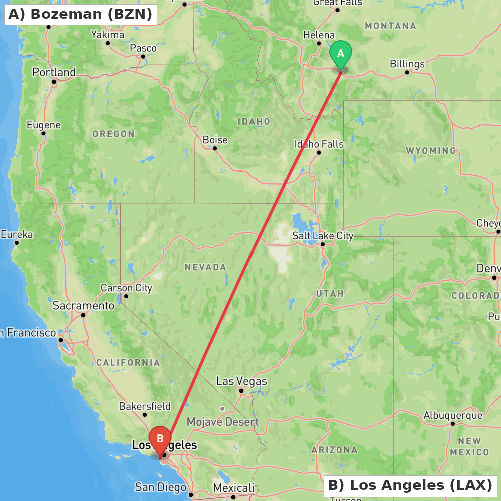 Flight route map from Bozeman to Los Angeles