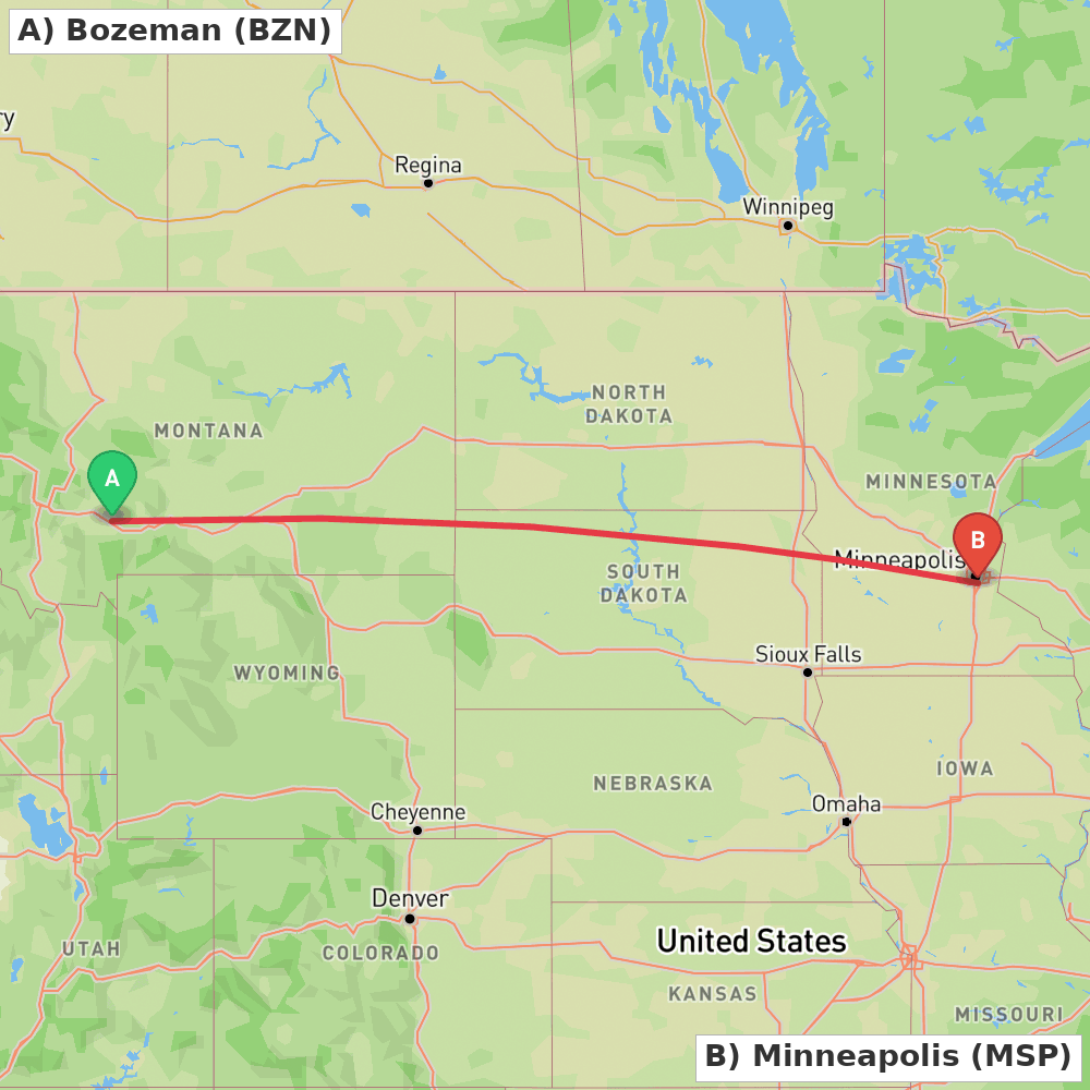 Flight route map from Bozeman to Minneapolis