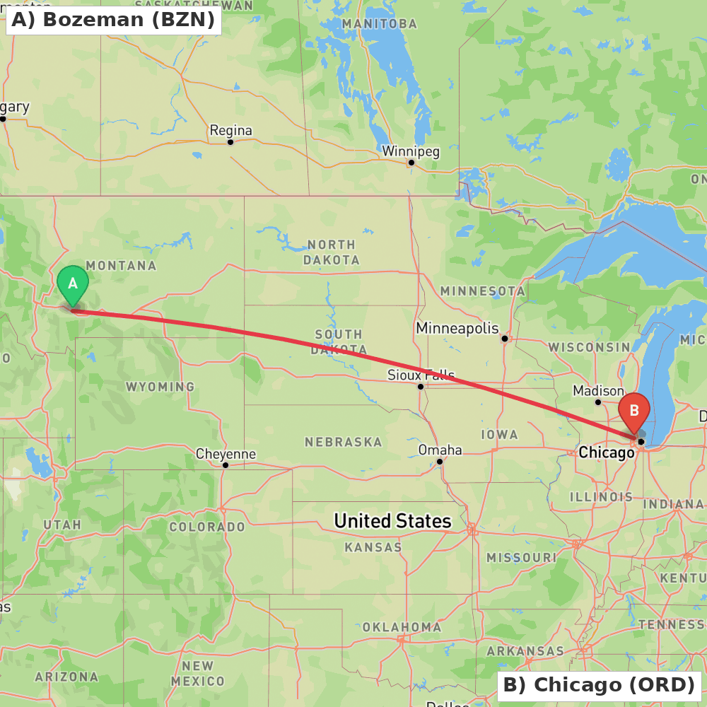 Flight route map from Bozeman to Chicago