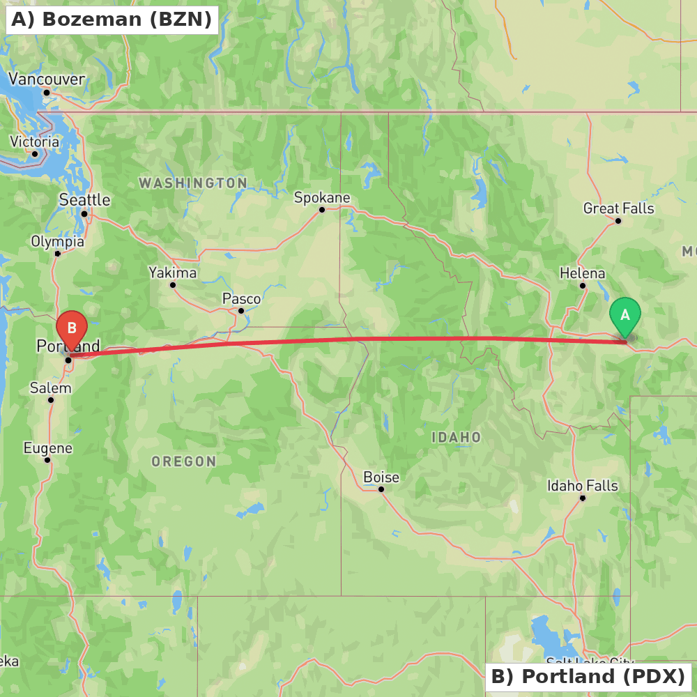 Flight route map from Bozeman to Portland