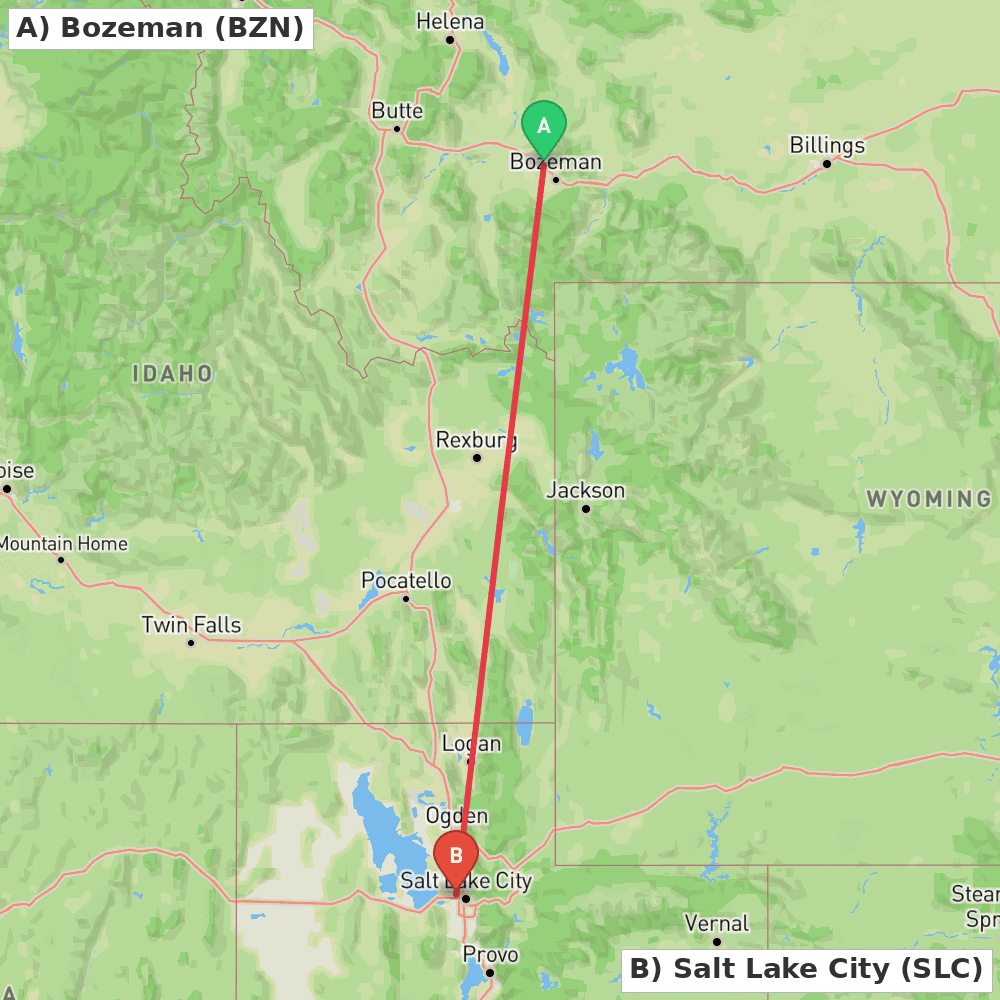 Flight route map from Bozeman to Salt Lake City