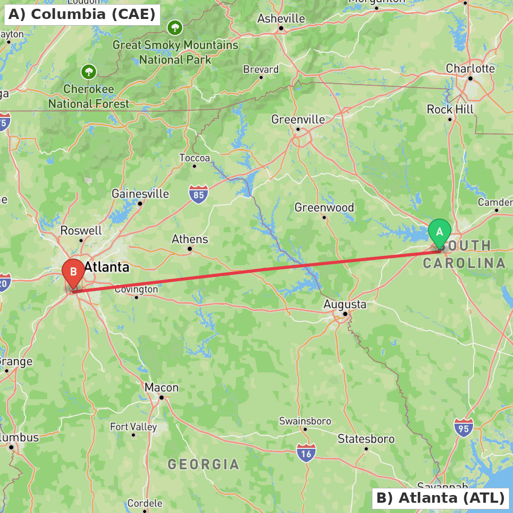 Flight route map from Columbia to Atlanta