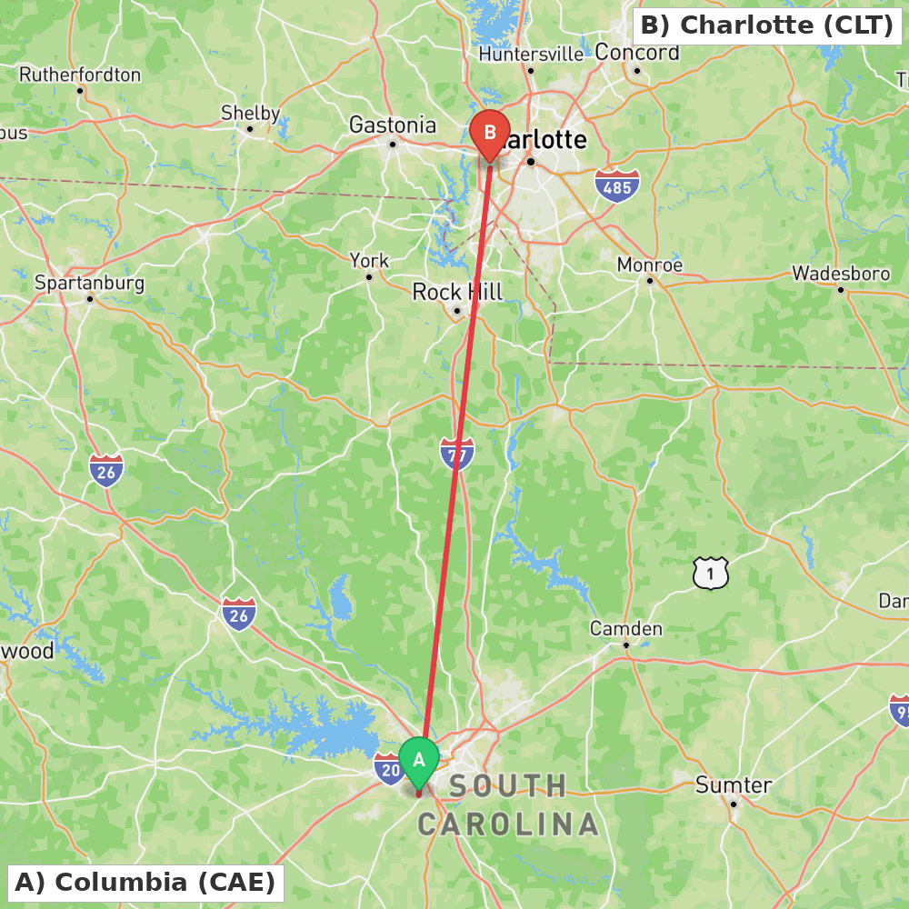 Flight route map from Columbia to Charlotte