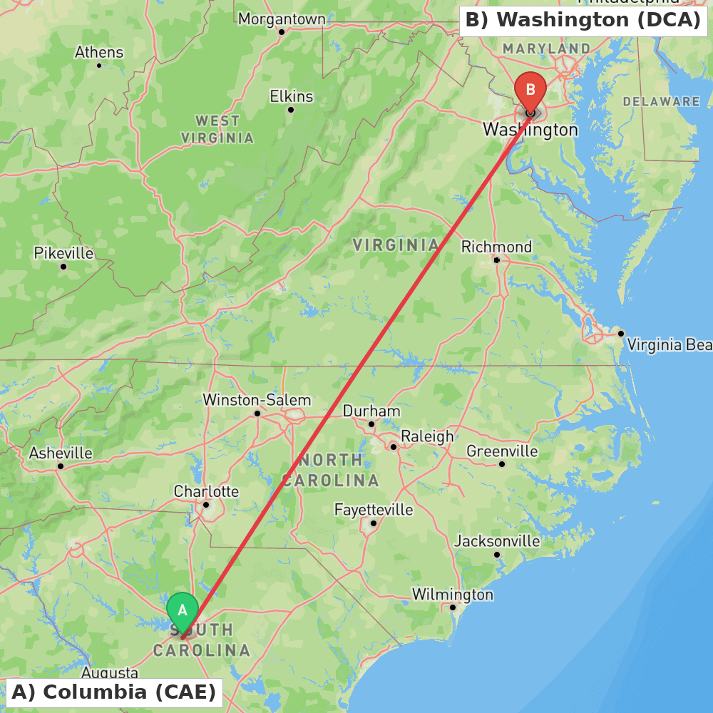 Flight route map from Columbia to Washington