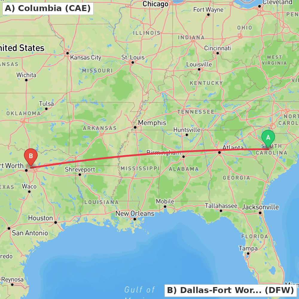 Flight route map from Columbia to Dallas-Fort Worth