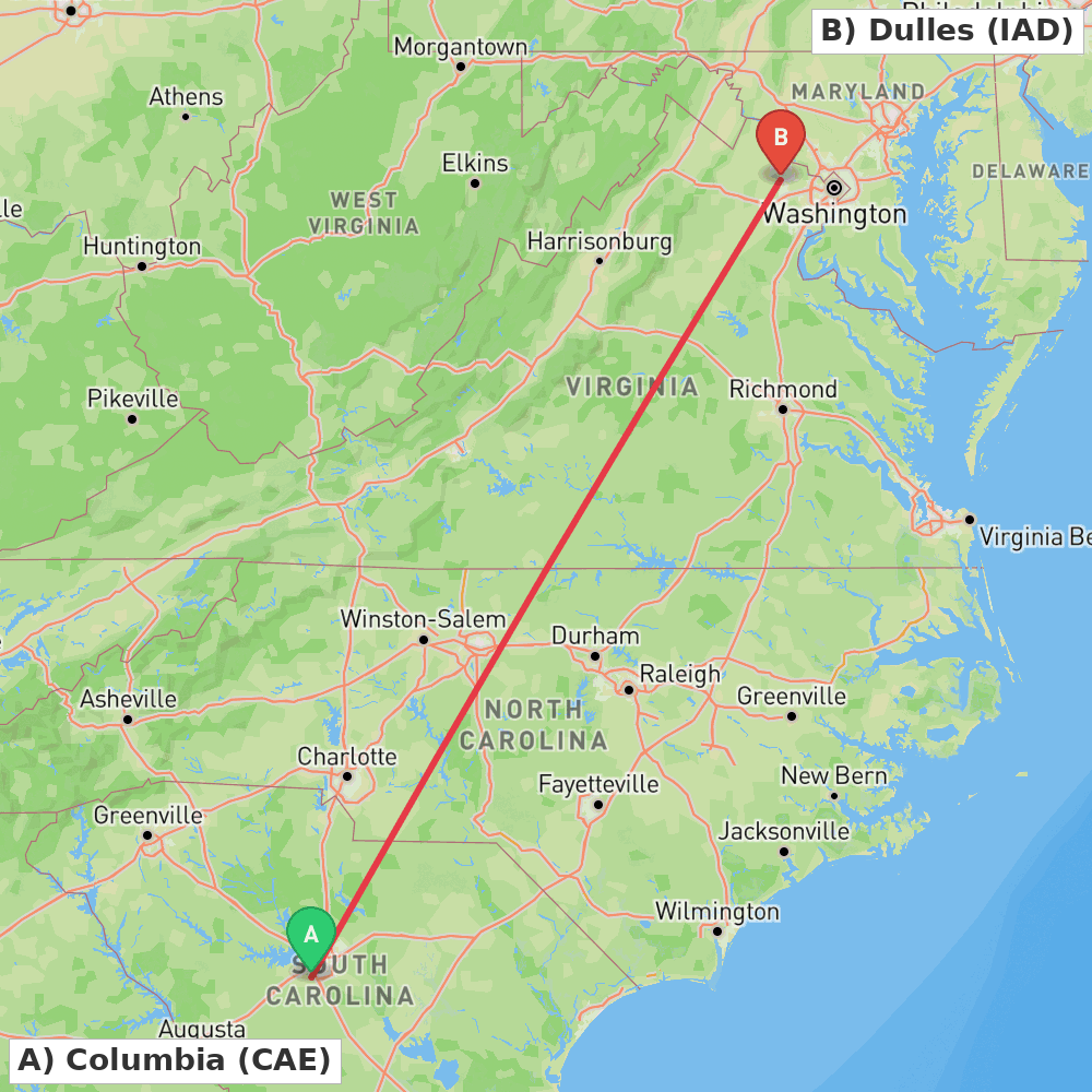 Flight route map from Columbia to Dulles