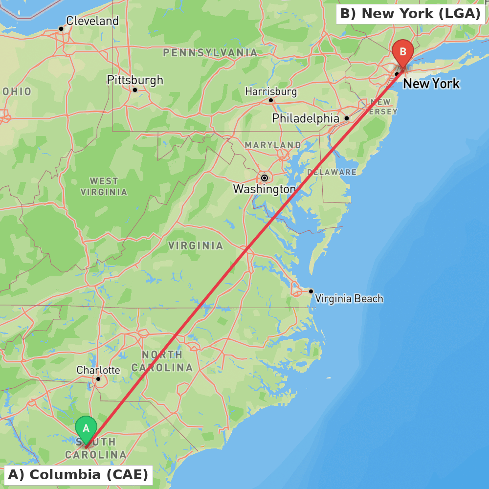 Flight route map from Columbia to New York