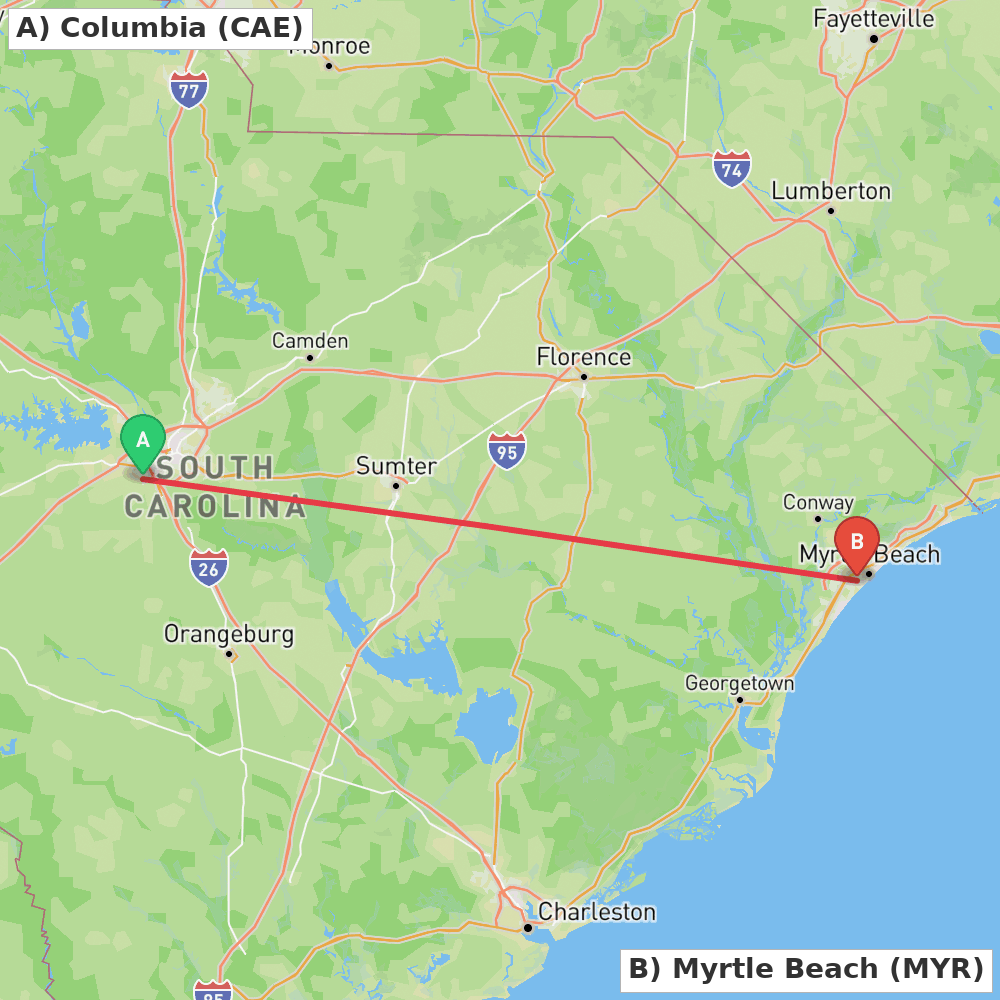 Flight route map from Columbia to Myrtle Beach
