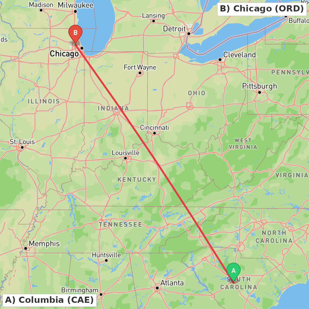 Flight route map from Columbia to Chicago