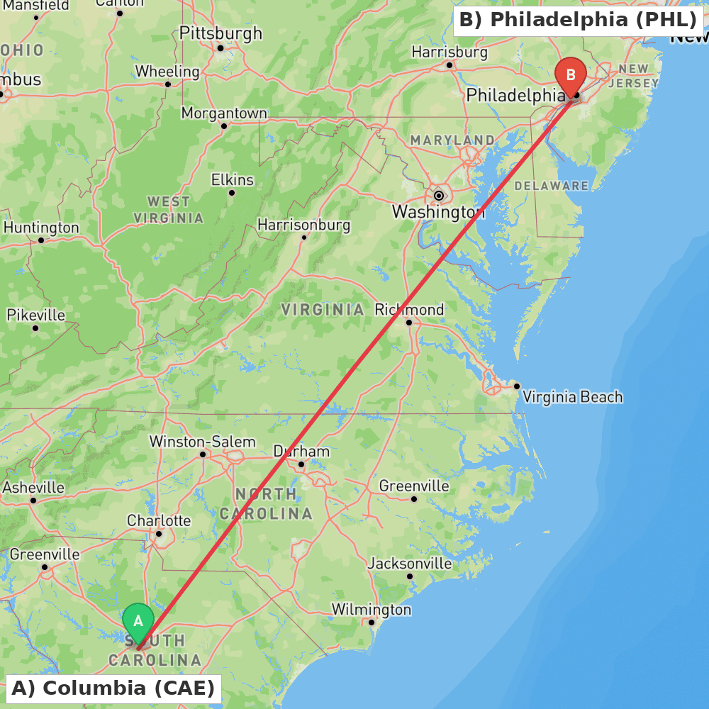Flight route map from Columbia to Philadelphia