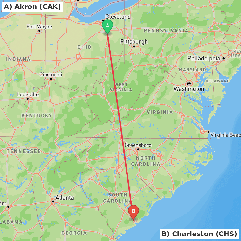 Flight route map from Akron to Charleston
