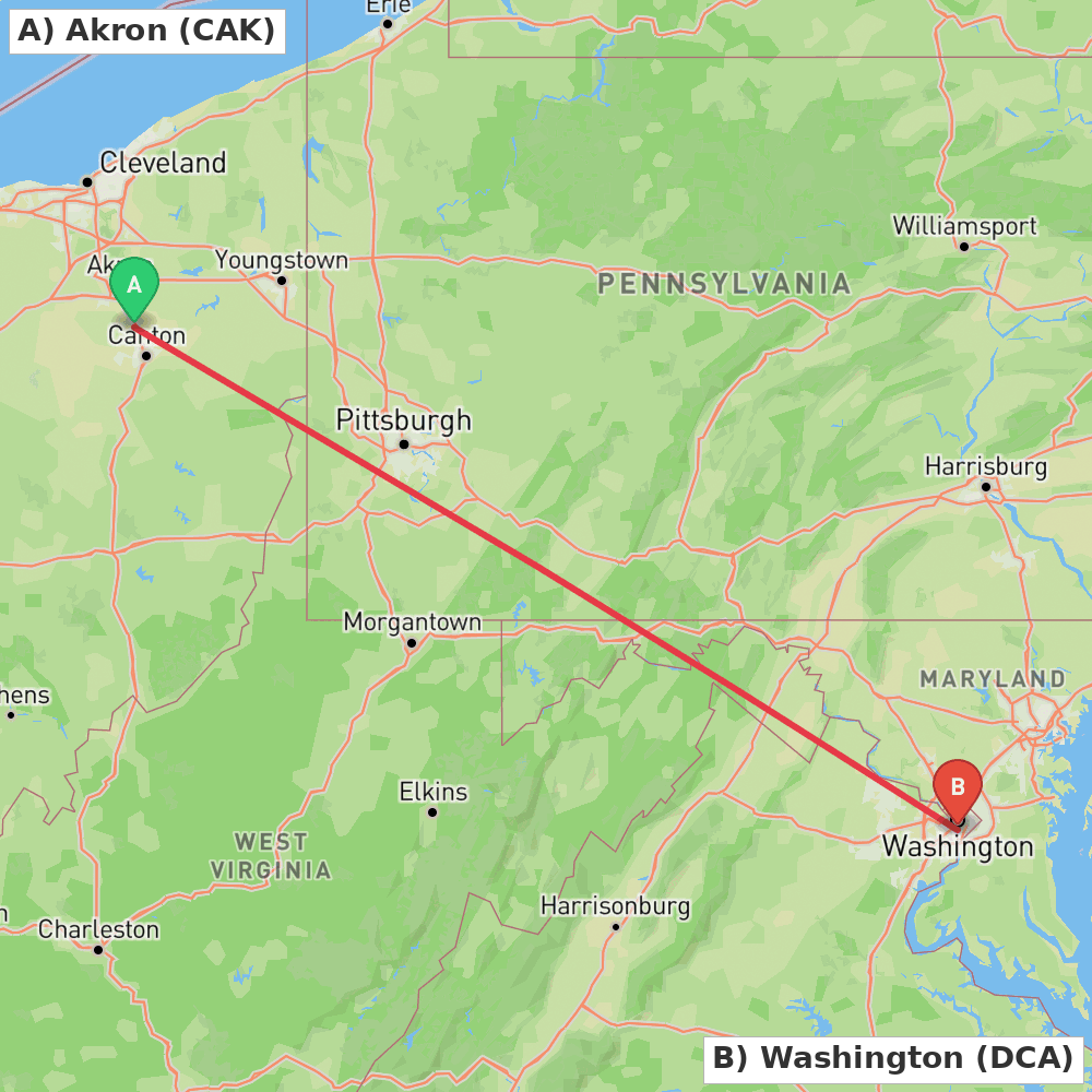 Flight route map from Akron to Washington