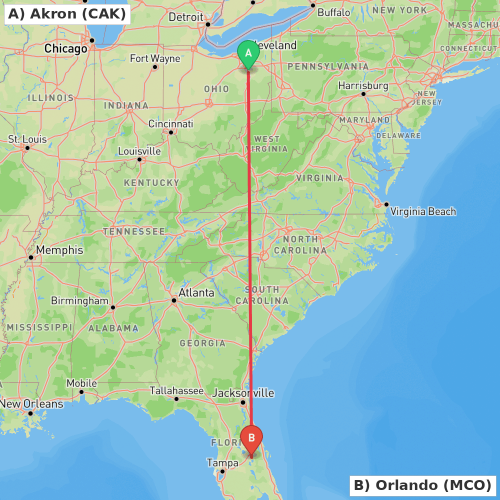 Flight route map from Akron to Orlando