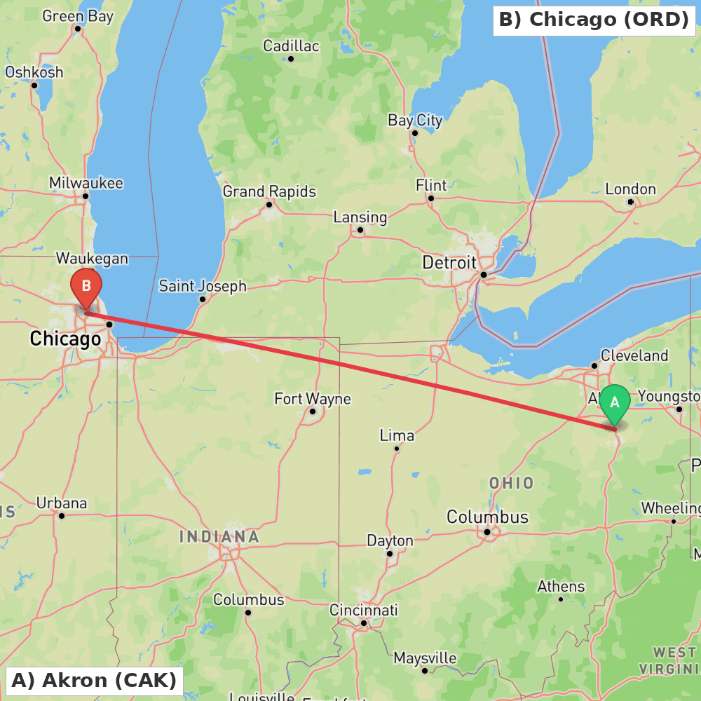 Flight route map from Akron to Chicago