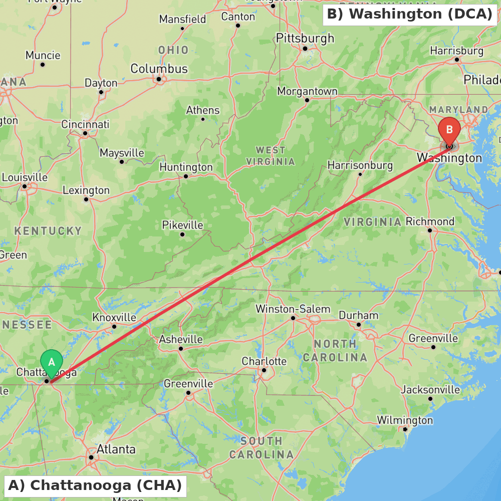 Flight route map from Chattanooga to Washington