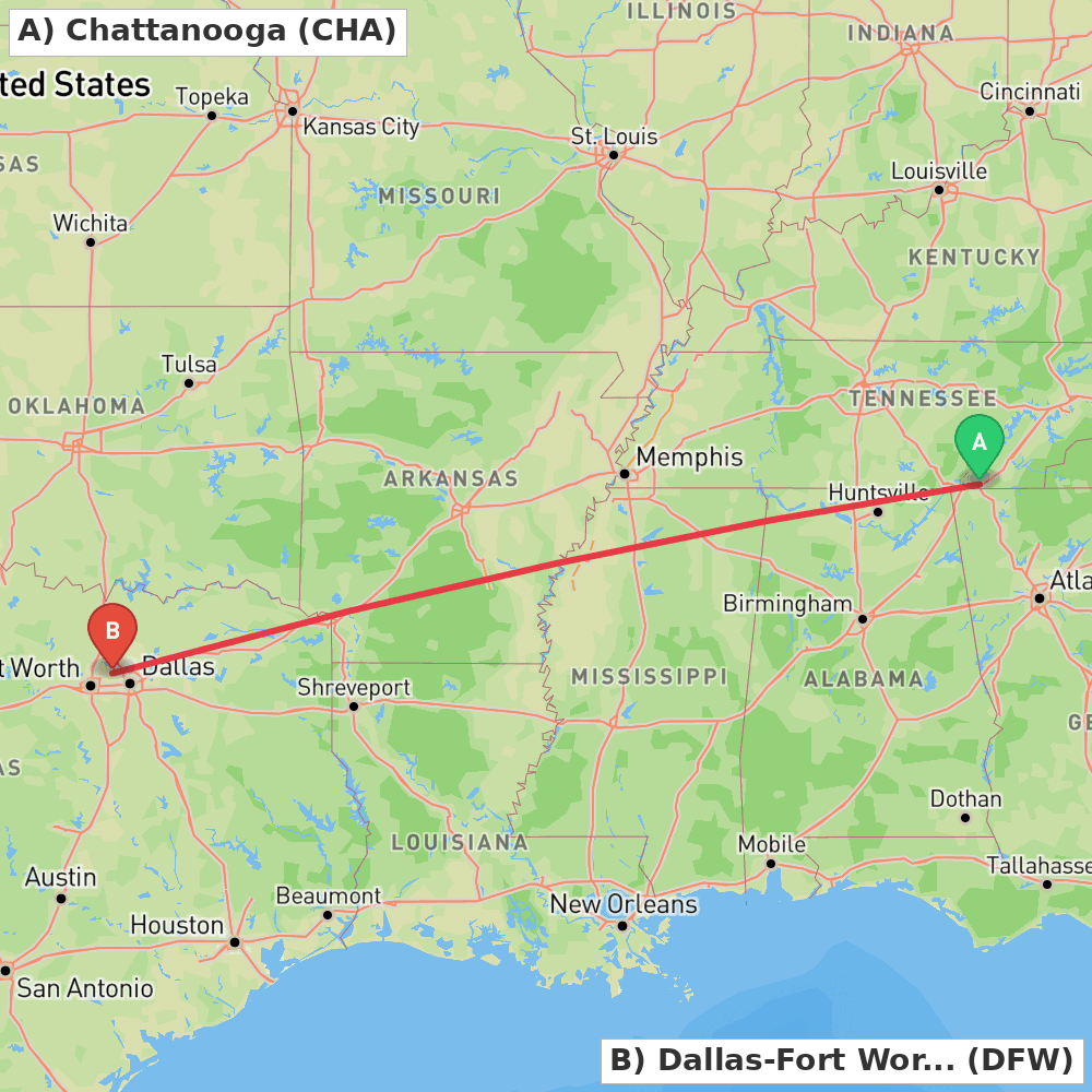 Flight route map from Chattanooga to Dallas-Fort Worth