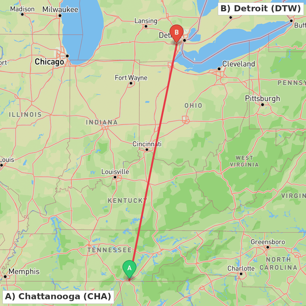 Flight route map from Chattanooga to Detroit