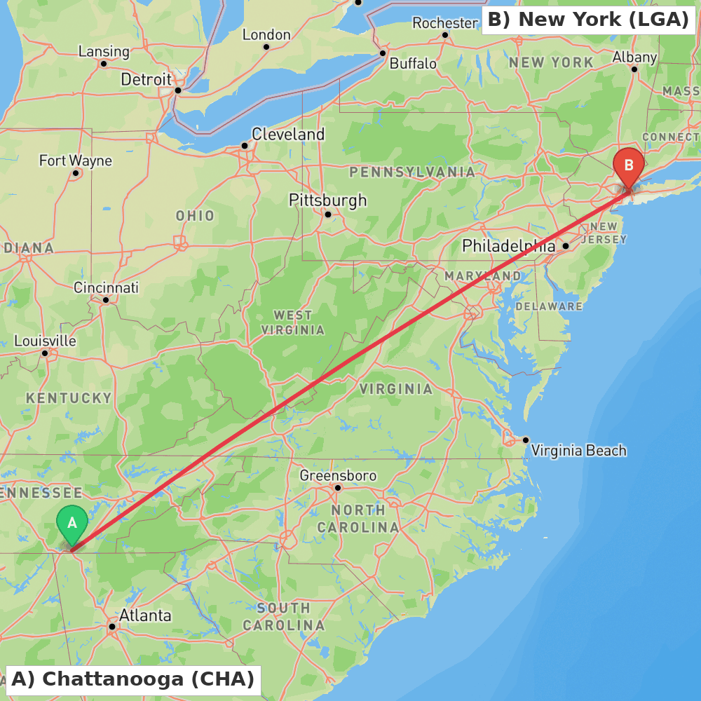 Flight route map from Chattanooga to New York