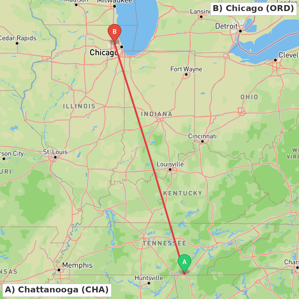 Flight route map from Chattanooga to Chicago