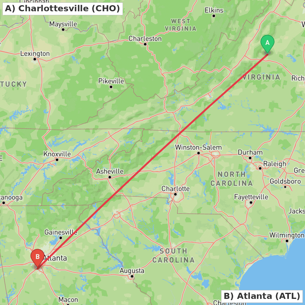 Flight route map from Charlottesville to Atlanta
