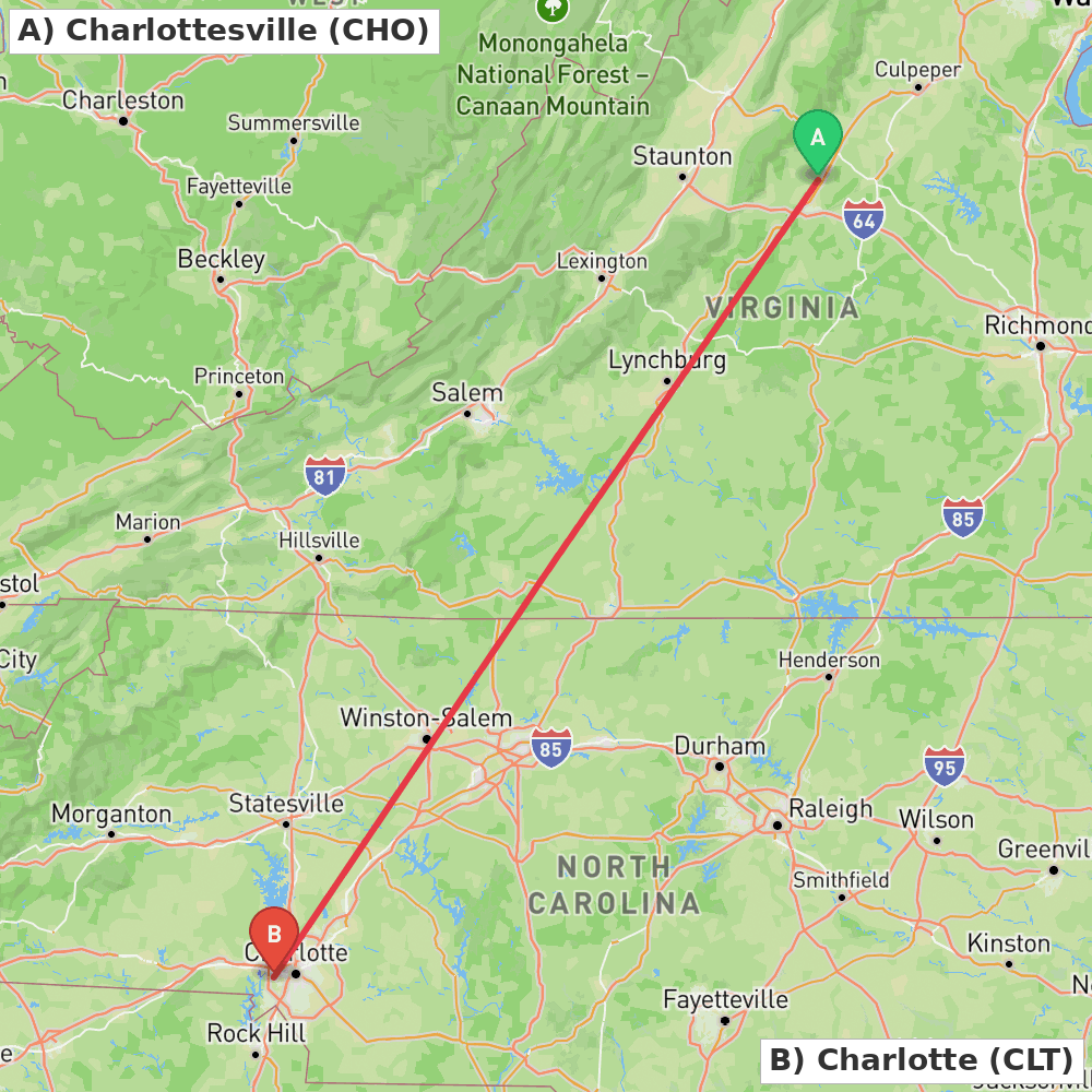 Flight route map from Charlottesville to Charlotte