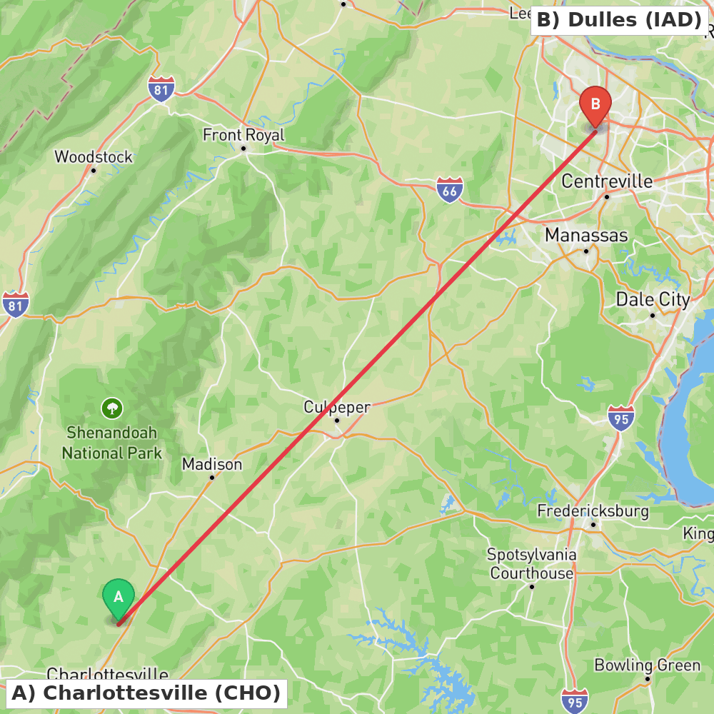 Flight route map from Charlottesville to Dulles
