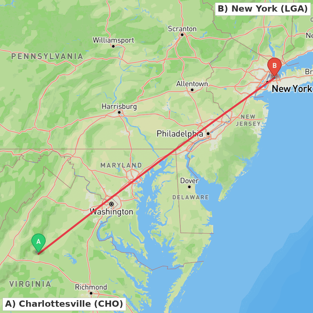Flight route map from Charlottesville to New York