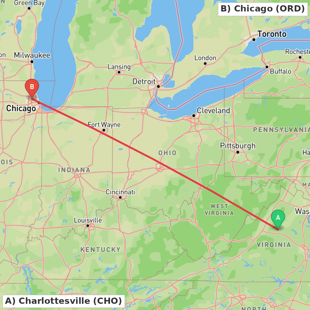 Flight route map from Charlottesville to Chicago