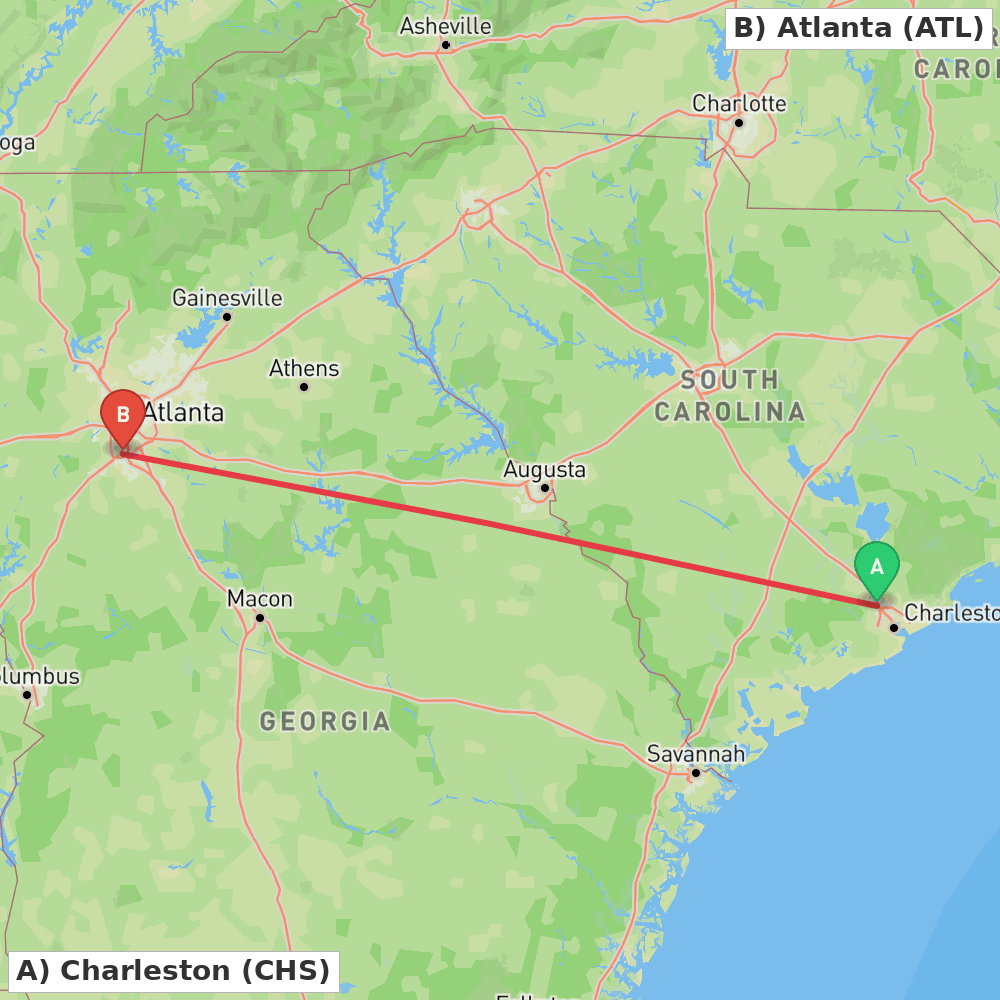 Flight route map from Charleston to Atlanta