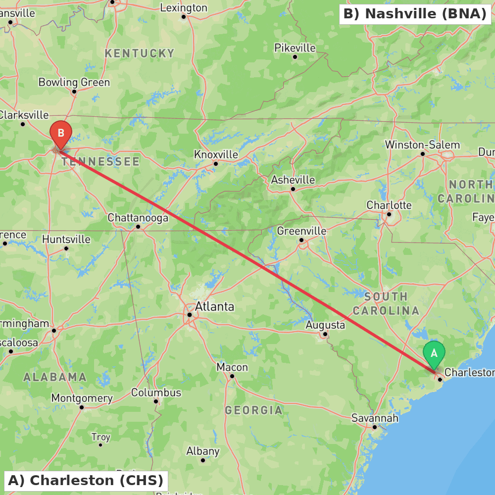 Flight route map from Charleston to Nashville